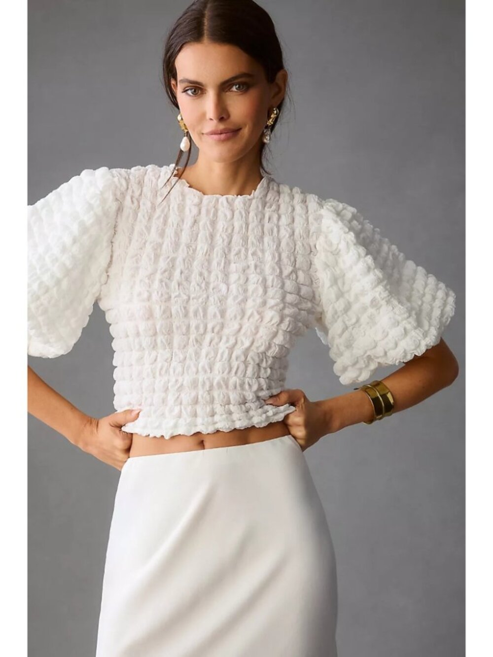 Eri + Ali Textured Puff-Sleeve Top White Textured Bubble Smocked Fitted Size S